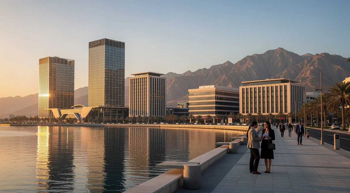 Vue du front de mer et des montagnes de Ras Al Khaimah illustrant la fiscalité à Ras Al Khaimah